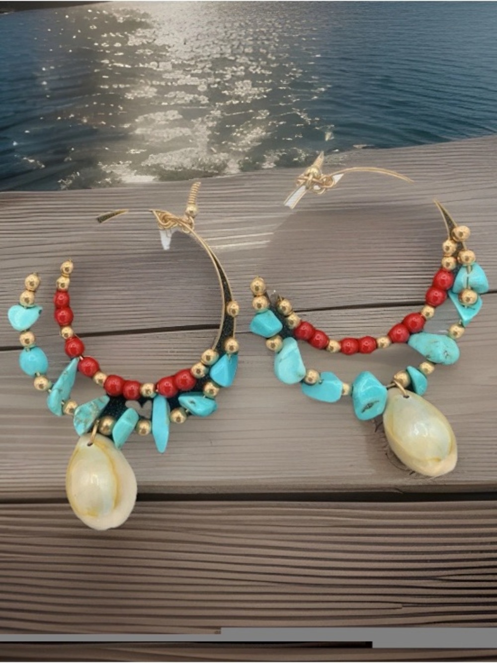 NWT Gold Tone Double Hoop Drop Earrings with Turquoise, Red Beads & Seashells